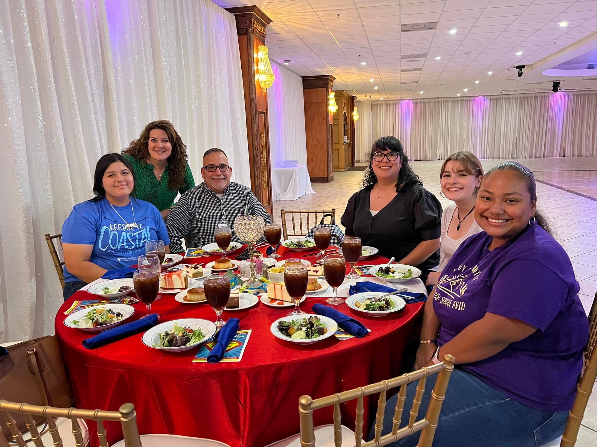 Group at a table with food and drinks